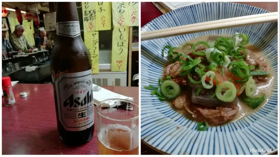 Snapdishの料理写真:昭和の立呑屋でビールと牛すじのどて焼き|Kunisanoさん