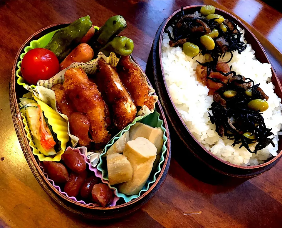 本日もお弁当🍱豚カツ🥩高野豆腐とゴボウ煮付け🌰きゅうりサラダ🥗ししとうウインナー🥗煮豆 #息子弁当  #わっぱ弁当  #豚カツ  #高野豆腐  #ししとう  #ウインナー  #きゅうり 煮豆 #札幌  #中島公園|Yukie  Toriseさん