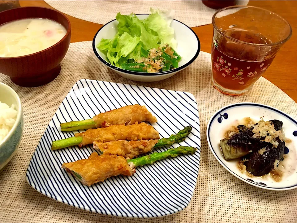 18/09/28 夕飯♪ アスパラの豚肉巻 ナス煮物 オクラサラダ 大根とキャベツのクリームスープ|ikukoさん