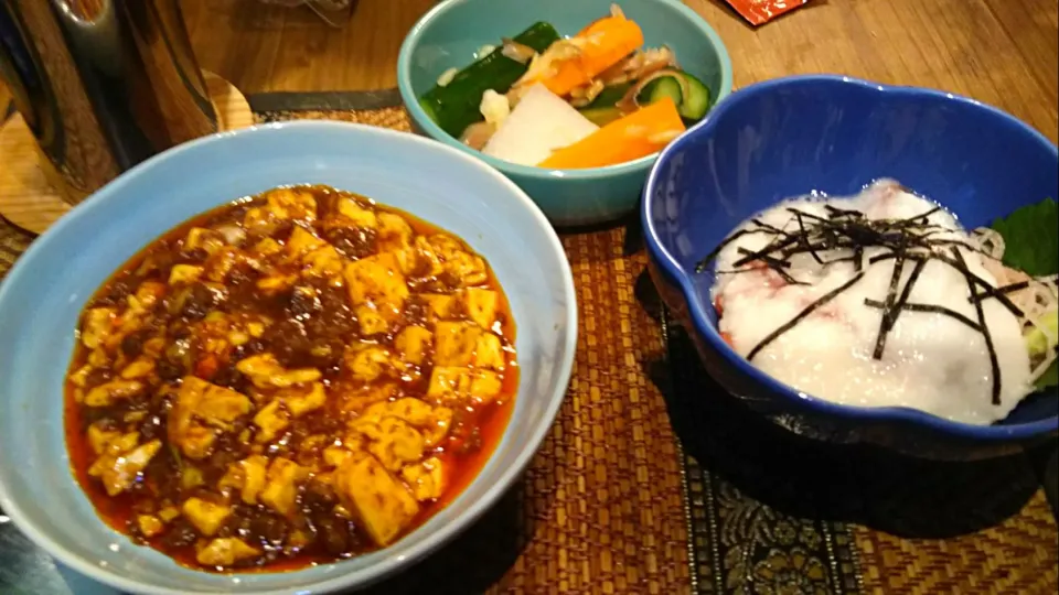 麻婆豆腐＆マグロの山かけ＆野菜のマリネ|まぐろさん