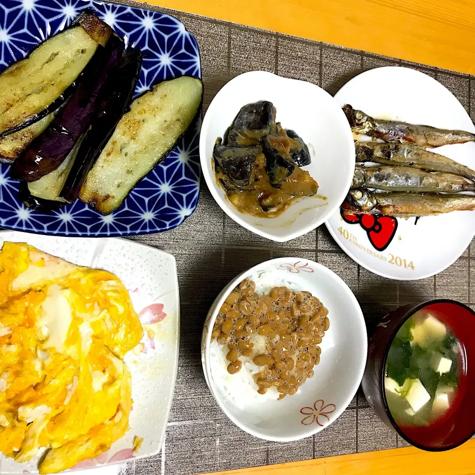 和食#和食#夕ご飯#茄子たくさん#納豆ご飯#ししゃも #お米の友大集合 #味噌汁#卵焼き|Sakuraさん