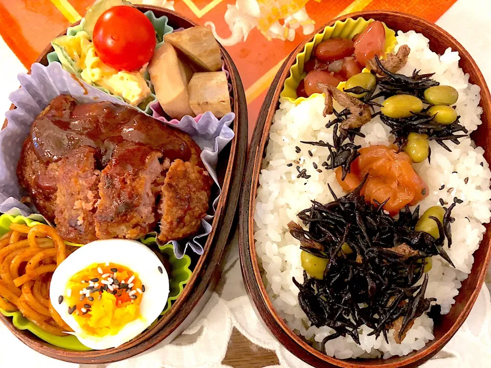 本日もお弁当🍱ハンバーグ🍖（セゾンファクトリーのケチャップ使用）パスタ🍝マカロニサラダ🥗（セゾンファクトリーのシーザーサラダドレッシング使用）🥒ゴボウ煮付け🌰 #息子弁当  #わっぱ弁当  #ハンバーグ弁当  #セゾンファクトリーのトマトケチャップ  #セゾンファクトリーシーザードレッシング #セゾンファクトリー #パ|Yukie  Toriseさん