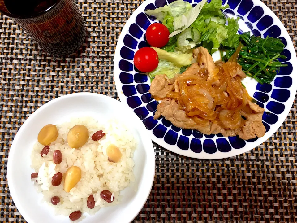 豚の生姜焼きと栗ご飯|ぱさくまさん