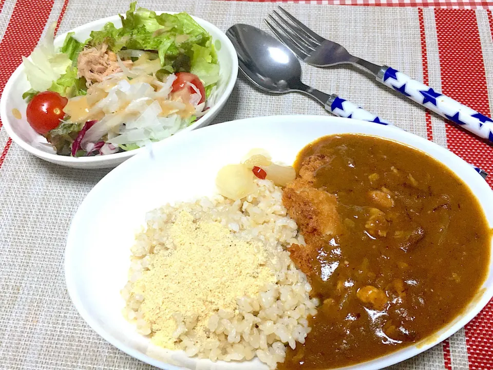 おからパウダー入り玄米🍚
カツ🐖ガーリックカレー🍛
サラダ🥗|eiyadeさん