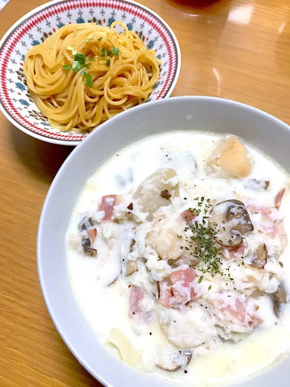 ラビオリ風餃子のクリームスープ&柚子醤油パスタ|sinさん