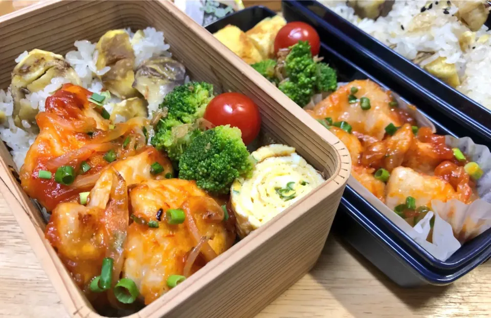 鶏のチリソース炒め 弁当。栗ご飯付き|弁当 備忘録さん