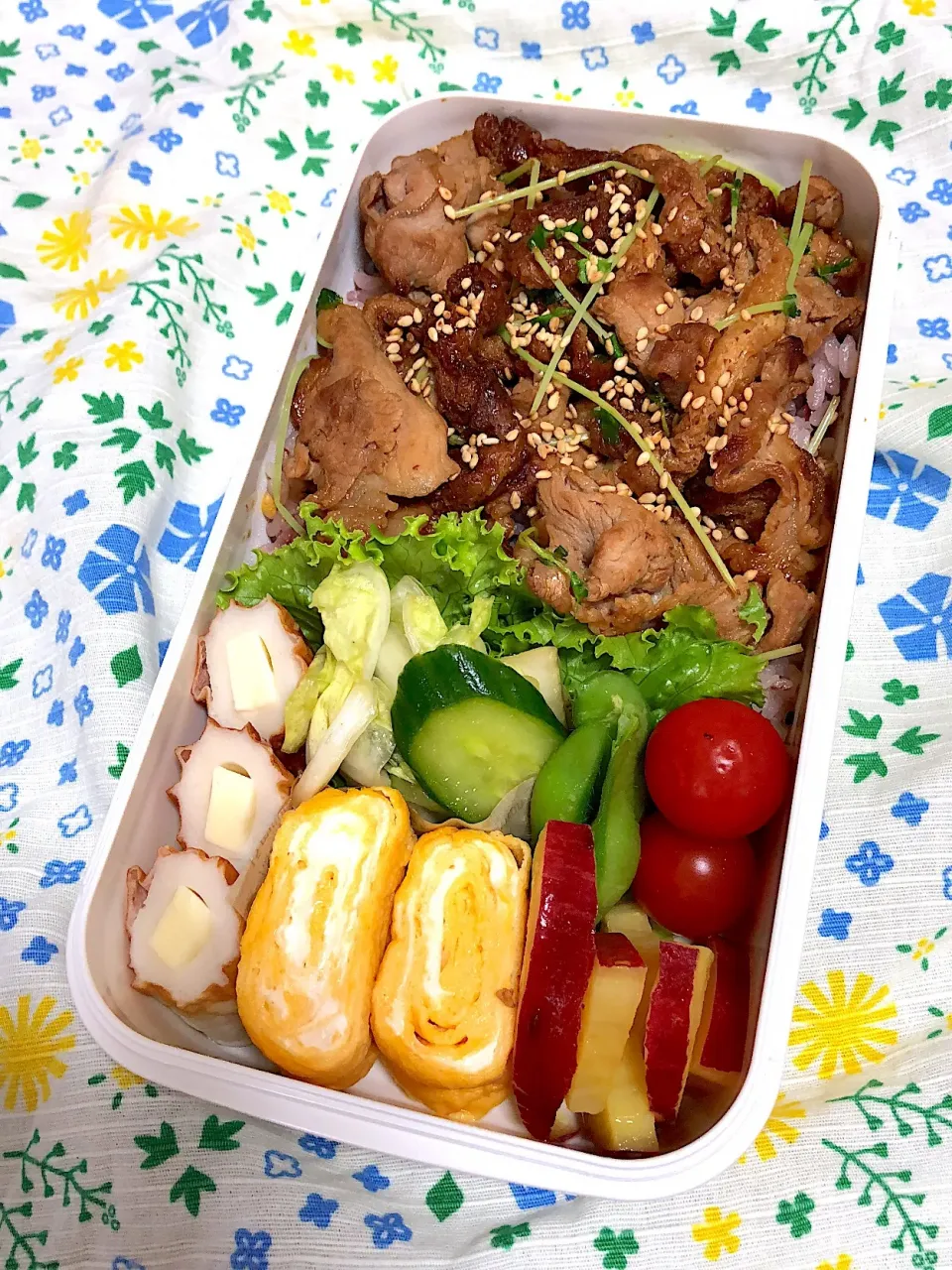 Snapdishの料理写真:10.2☆旦那弁当
豚丼
チーちく
卵焼き
浅漬け
さつまいものオレンジ煮
枝豆
プチトマト|のん∞さん