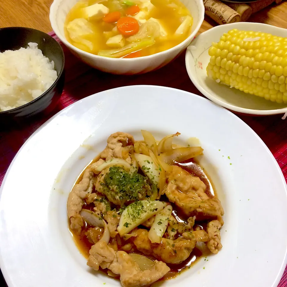 2018/10/01 豚ロース生姜焼、野菜と豆腐のスープ、炊飯器で あまいんです|kykyさん