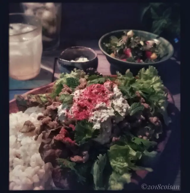 ヨーグルトソースのラム丼　スベリヒユのサラダ　他|こいさんさん