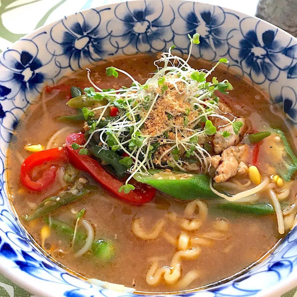 鶏モモ青椒肉絲トッピングの味噌ラーメン(*´˘`*)♡|てるみさん