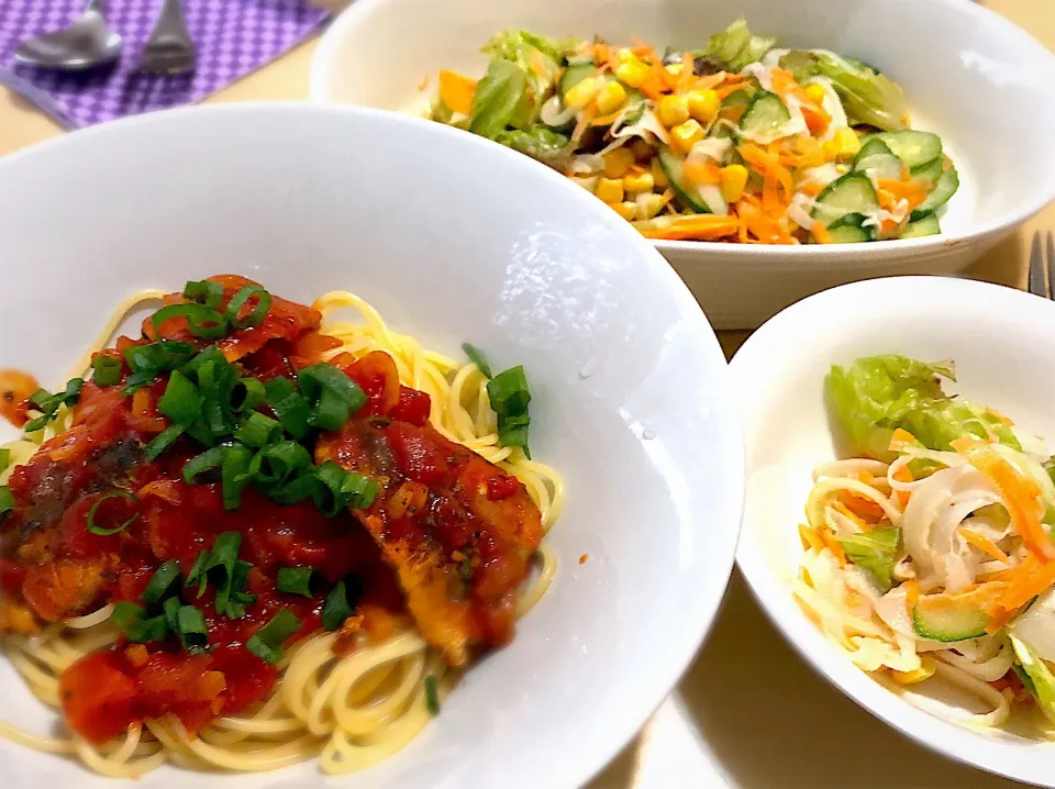 10／3昼食  #昼ごはん    #献立 イワシのトマトソーススパゲッティ  いろいろ野菜のサラダ|おさんどんさん