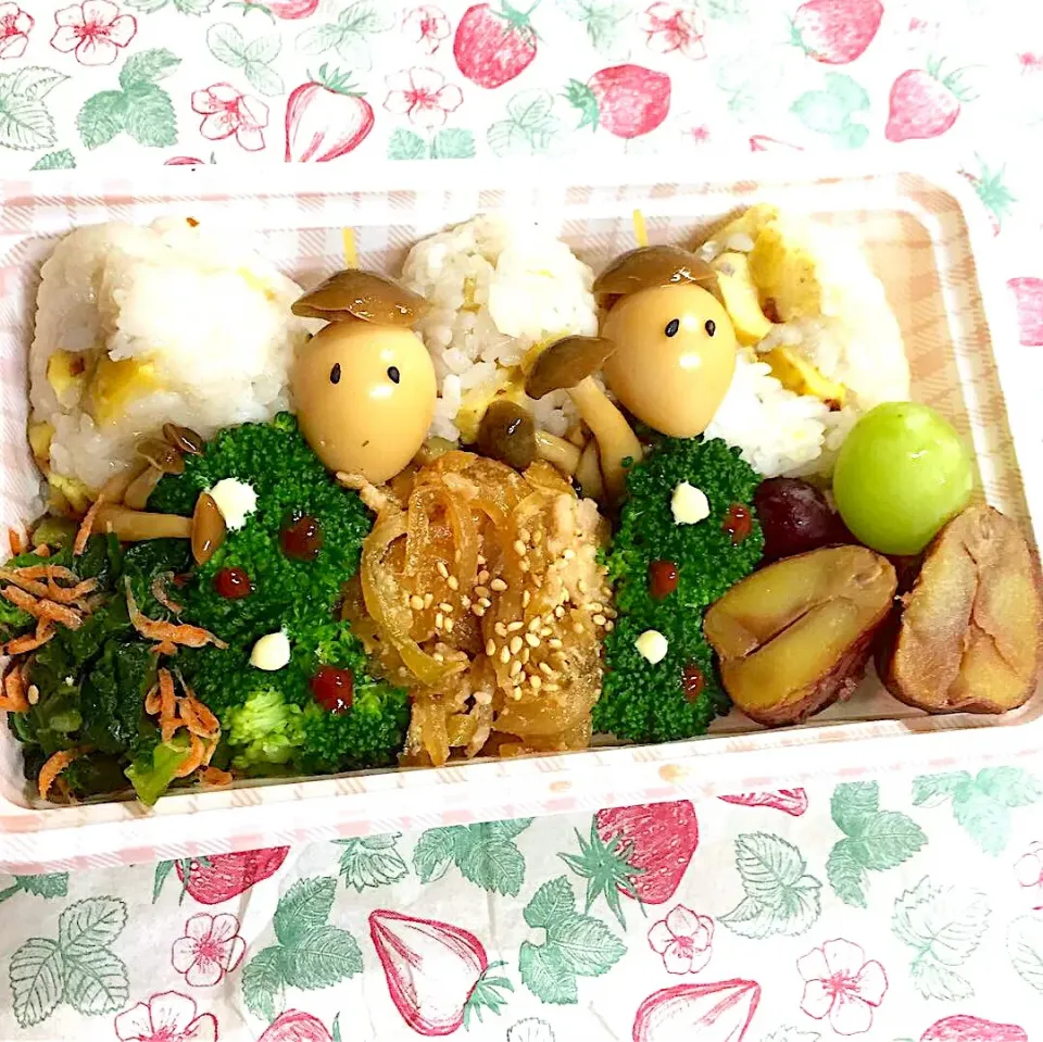 栗ごはんおにぎりとうずら坊や弁当🌰|みっこちゃんさん