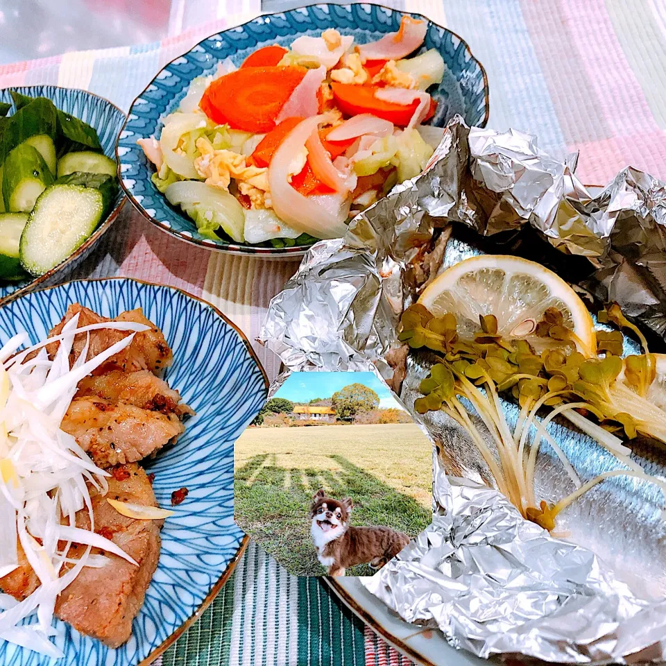 Snapdishの料理写真:🍀秋刀魚 AIM
🍀ふわふわ卵の 野菜炒め 
🍀トンテキ🐷|🍀ミィーナ🍀さん