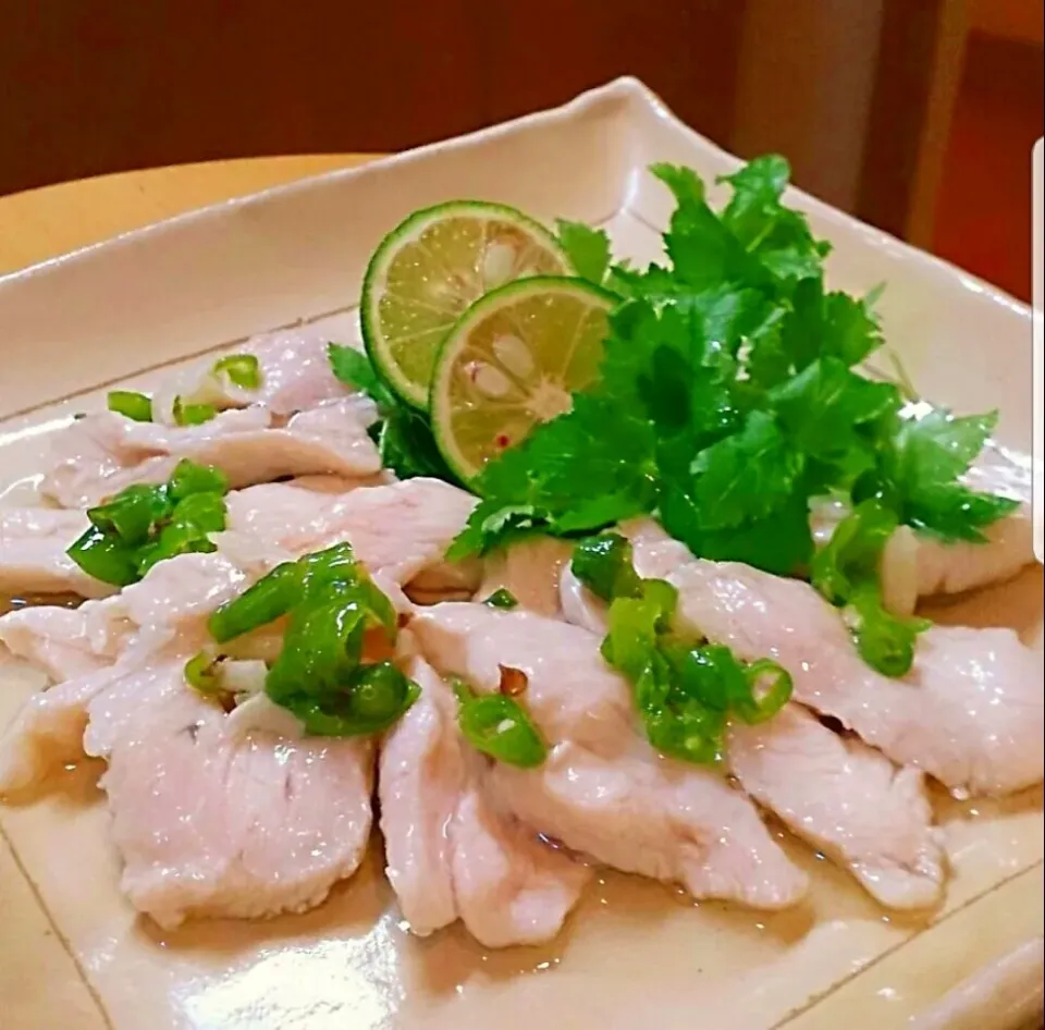 青唐油de胸肉の水晶鶏のカルパッチョ|mi_neneco♪さん