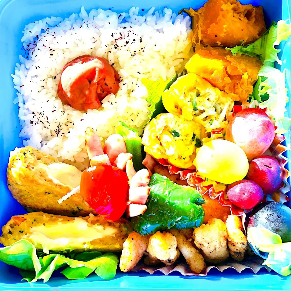 #梅干し弁当#デザートは、ぶどう#シラスと玉ねぎ大葉の卵焼き #カボチャの煮物 #チーズ入り豆腐ハンバーグ#ウインナー#パプリカ#イカの唐揚げ#ご飯は宮城の笹結び|笙　みかんさん