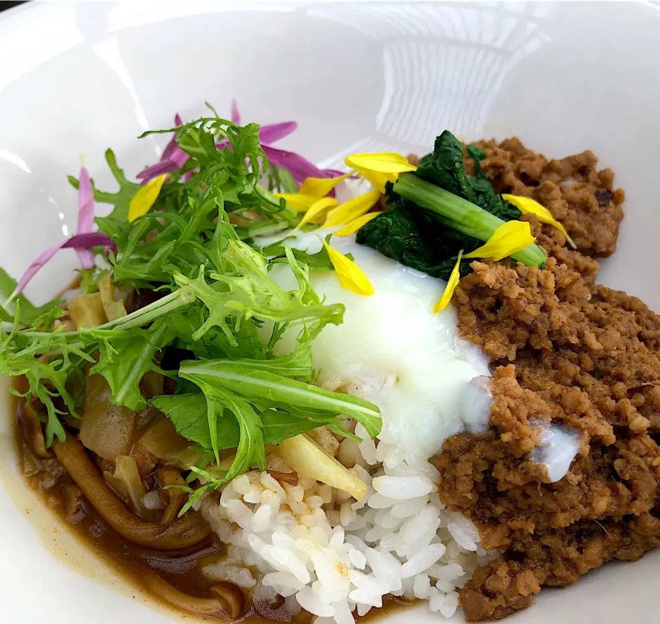 Snapdishの料理写真:ヤマトポークのキーマと茸と野菜の和風カレーのあいがけ、温泉卵添え by 高麗橋桜花|buhizouさん