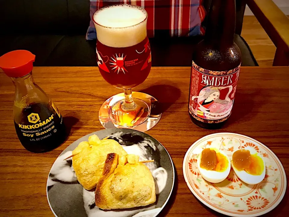 Snapdishの料理写真:京都のクラフトビールで晩酌🍺いなり納豆、梅オリーブオイル半熟卵|友紀さん