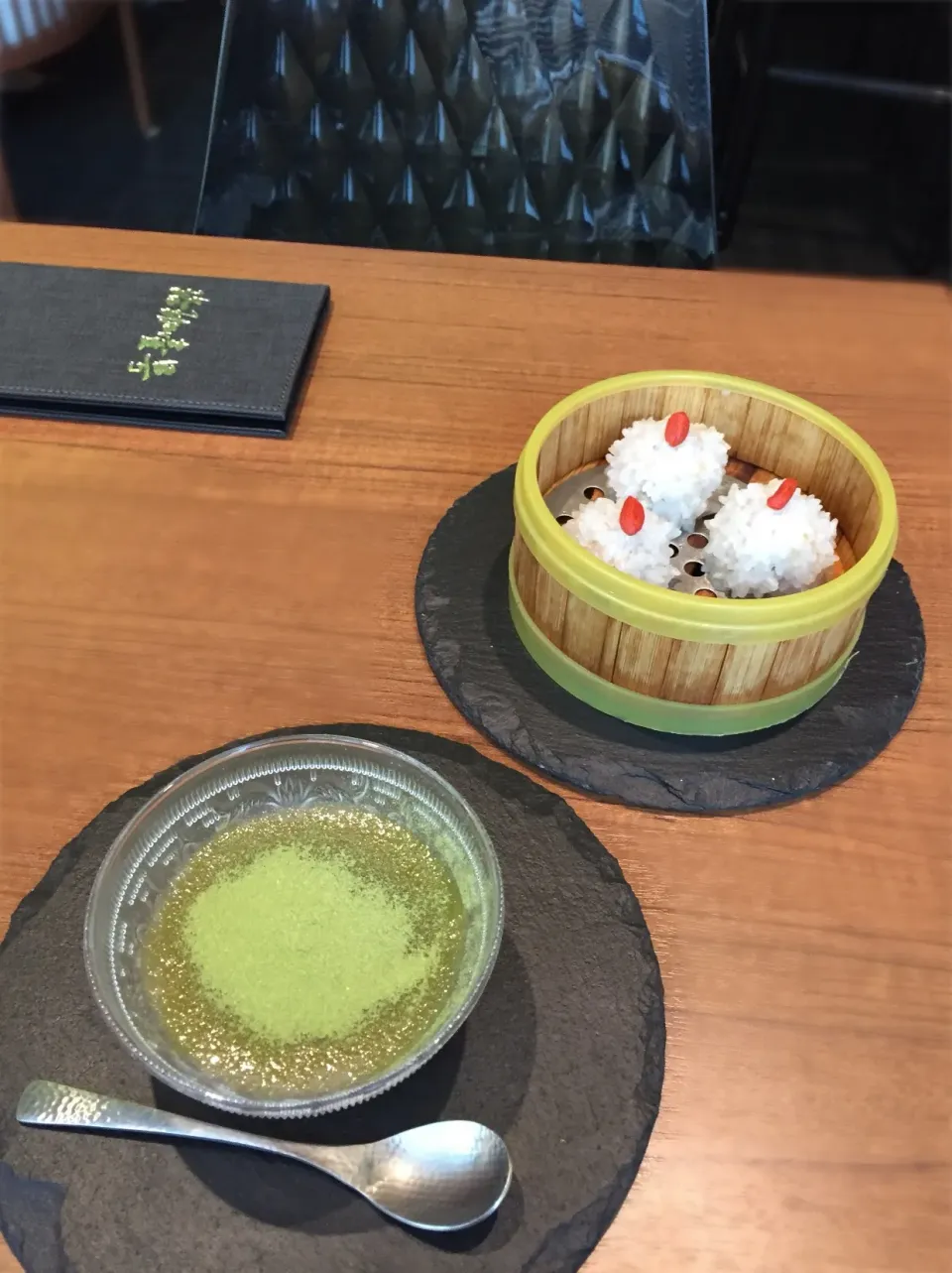 武漢珍珠丸子(武漢もち米団子の蒸し物)、抹茶の蓮根プリン🍡💚🍵@珞珈壱号
 #湖北料理|K.Sさん