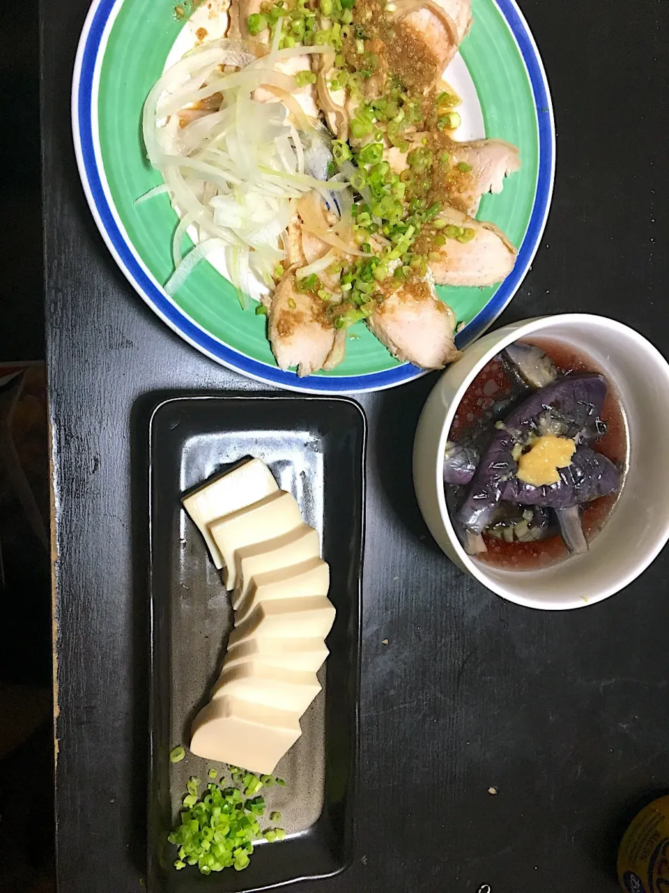 おつまみ3種 サラダチキンのカルパッチョ、ナスの揚げ浸し、水切り豆腐の出汁漬け|渡辺 努さん