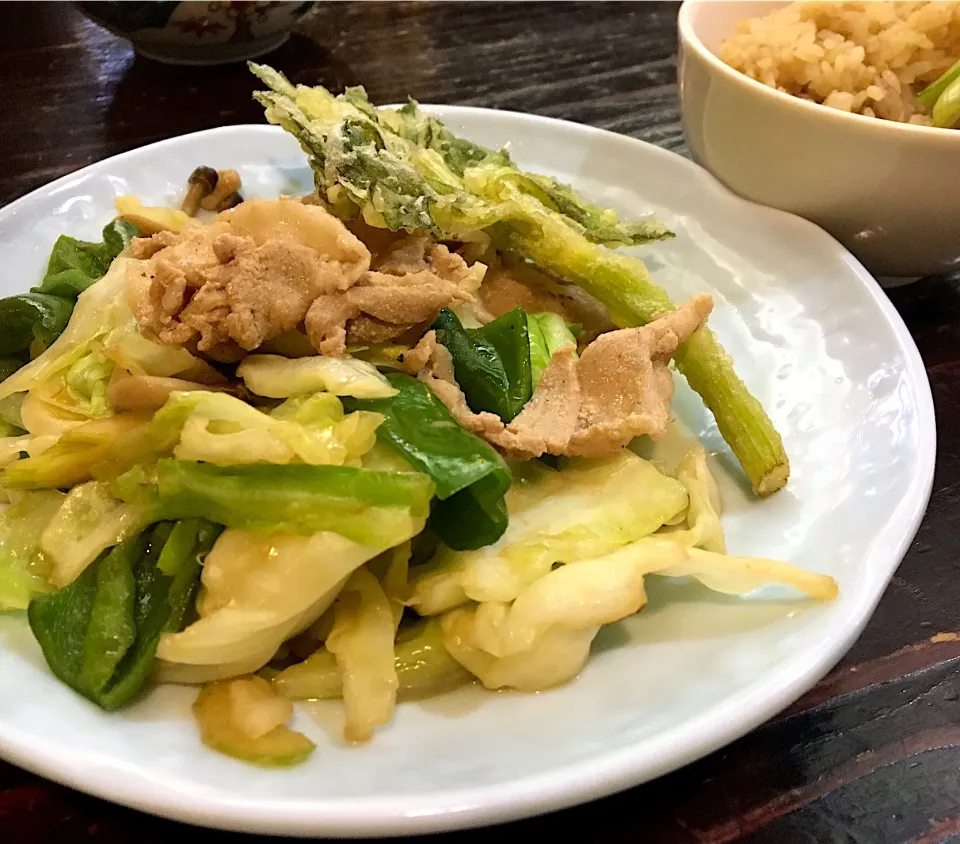 本日の賄い  昼ごはん☀️☀️🔆
豚キャベツ炒め🐷 セロリの葉の天ぷら
松茸飯|ぽんたさん