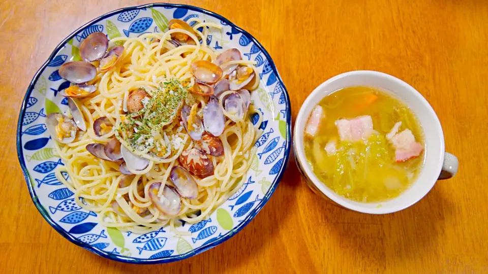 １０月１４日　ボンゴレパスタ　野菜たっぷりスープ|いもこ。さん