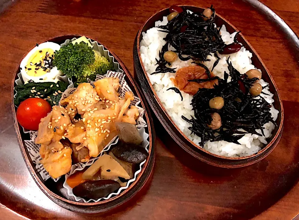 本日もお弁当🍱鶏モモ味噌風味🍖煮付け🌰ブロッコリー🥦ほうれん草🥒ゆで卵🥚 #息子弁当  #わっぱ弁当  #鶏肉料理  #煮付け #ブロッコリー #ゆで卵  #プチトマト🍅  #札幌  #中島公園|Yukie  Toriseさん