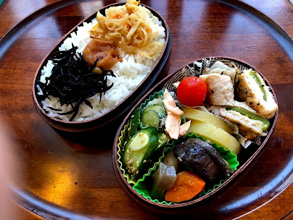 本日もお弁当🍱チーズ入りピーマン肉巻き🥓茄子味噌肉炒め🍆ささみ胡瓜のサラダ🥒🥗ひじき🌰切り干し大根人参煮物🥕 チーズ入りピーマン肉巻きは、簡単で美味しい！ #息子弁当  #わっぱ弁当  #ピーマン#チーズ入り #肉巻き  #ささみ  #プチトマト🍅  #ひじきの煮物  #切り干し大根 #札幌#中島公園|Yukie  Toriseさん