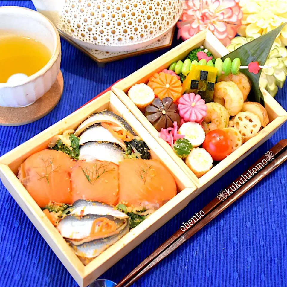 Snapdishの料理写真:❁ままかりサーモン手毬寿司弁当❁|kukulutomo ❁𓎪 ⡱𓎩‎𐩢𐩺𓎪 ⡱さん