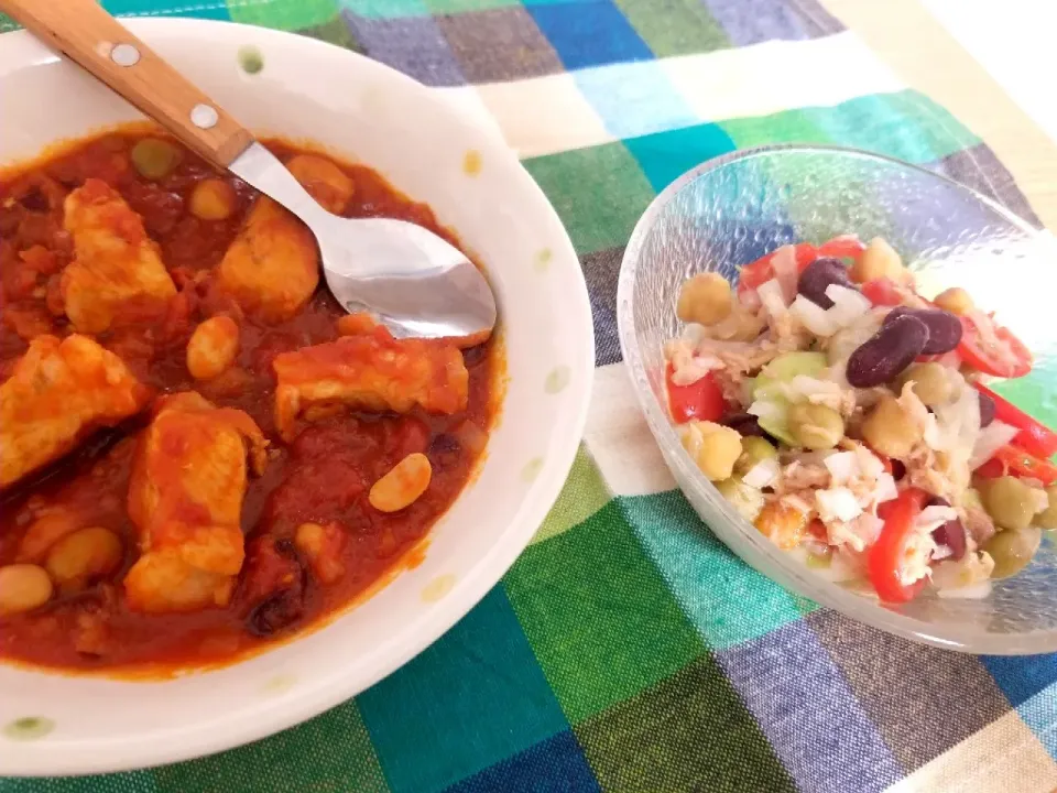 豚肉と豆のトマトシチュー
豆とツナのサラダ🥗|mush🍄さん