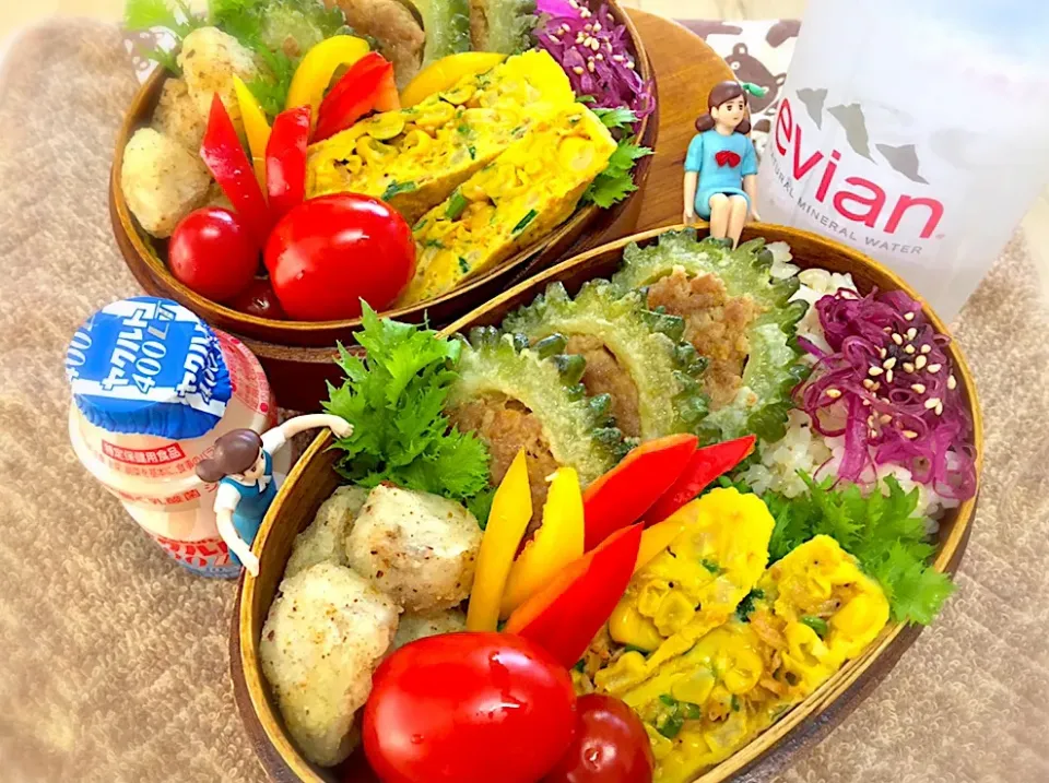 発芽玄米ブレンドご飯🍚&ゴーヤの肉詰め&花エビ🦐とコーン🌽ニラ玉子焼き&フライド里芋&パプリカ&しばわかめ&わさび菜&プチトマト🍅の夫婦お弁当♪

 #弁当  #フチ子  #ゴーヤの肉詰め #自家栽培ニラ #里芋唐揚げ|桃実さん