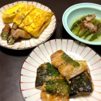 Snapdishの料理写真:#サバと大葉の味噌焼き 🐟🍁
#大葉入りだし巻き卵
#オクラの豚バラ巻き
#オクラの煮浸し|ほーりーさん