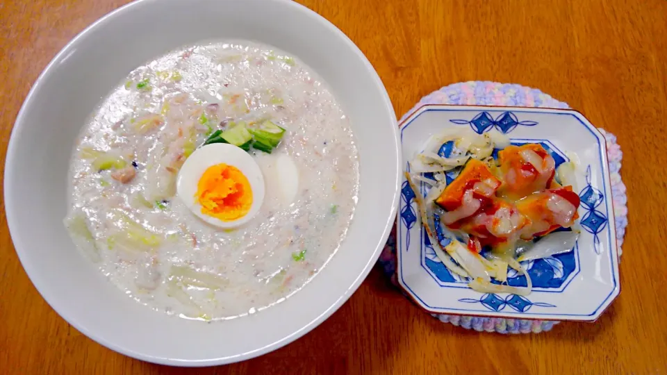 １０月１７日　白菜とツナのスープごはん　かぼちゃと玉ねぎのチーズケチャップ焼き|いもこ。さん