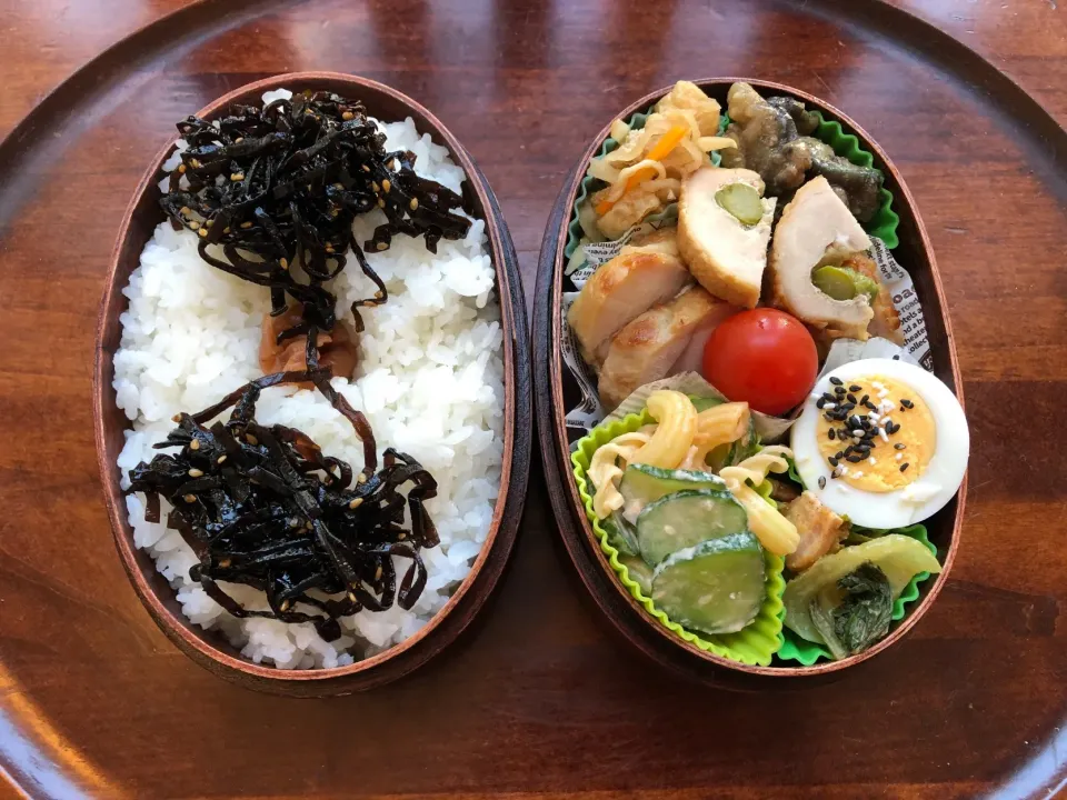 本日もお弁当🍱アスパラチキン巻き🥓マカロニサラダ🥗切り干し大根🥕茄子味噌炒め🍆ベーコンと青梗菜炒め🍳 #息子弁当  #わっぱ弁当 
 #アスパラ肉巻き  #切り干し大根  #茄子味噌炒め  #ベーコン  #青梗菜のオイスターソース炒め #札幌#中島公園|Yukie  Toriseさん