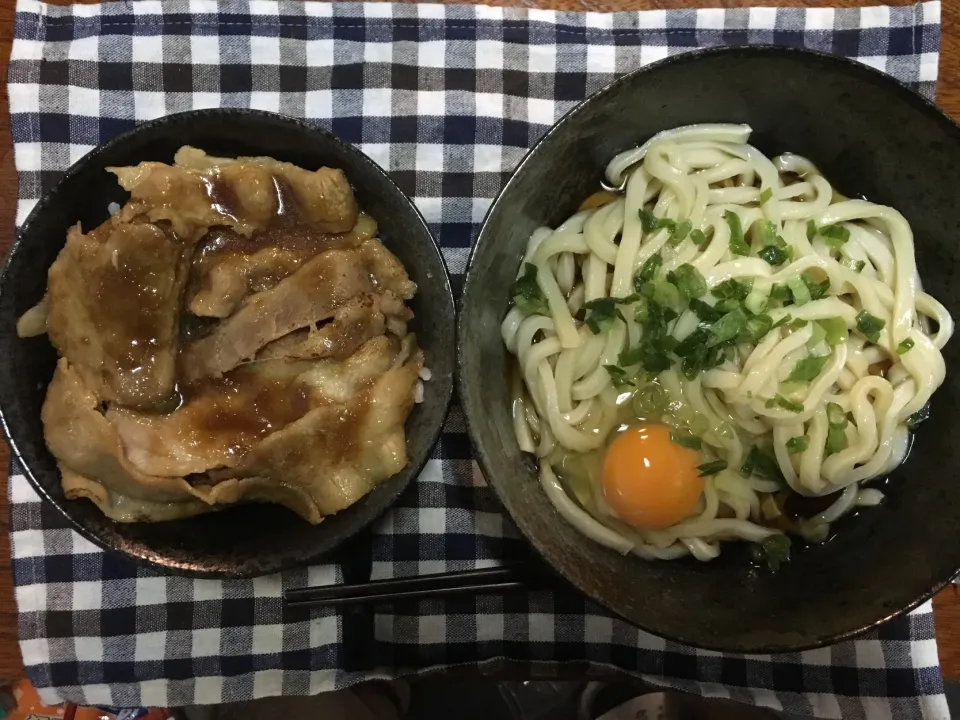 Snapdishの料理写真:生姜焼き丼とぶっかけうどん #生姜焼き丼  #ぶっかけうどん|中島誠晴さん