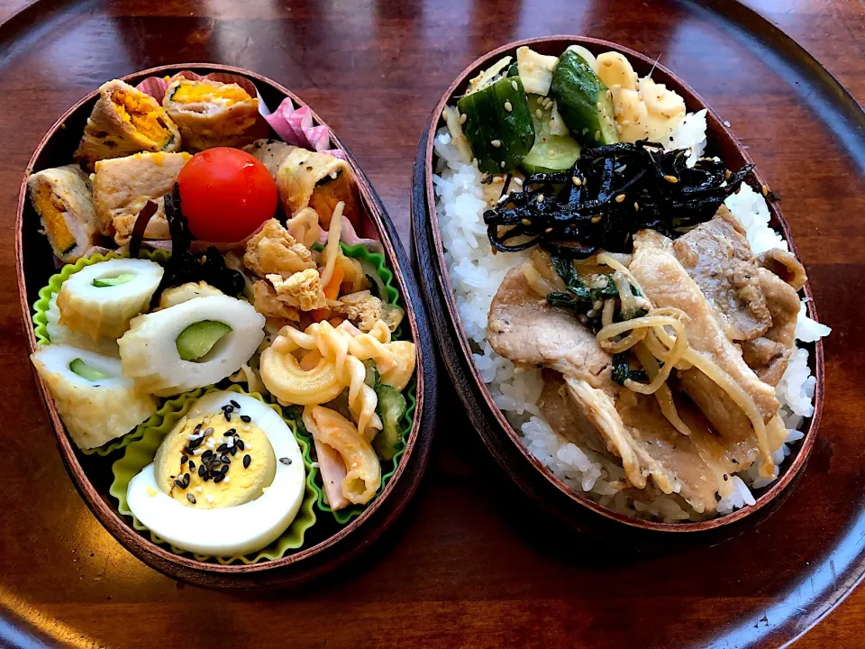 本日もお弁当🍱かぼちゃの豚肉巻き🥓ちくわきゅうり🥒切り干し大根🥕マカロニサラダ🥗カルビー焼き #息子弁当  #わっぱ弁当  #豚肉巻き  #かぼちゃを使った料理  #切り干し大根  #マカロニサラダ🥗 ゆで卵 #プチトマト🍅 #札幌 #中島公園|Yukie  Toriseさん