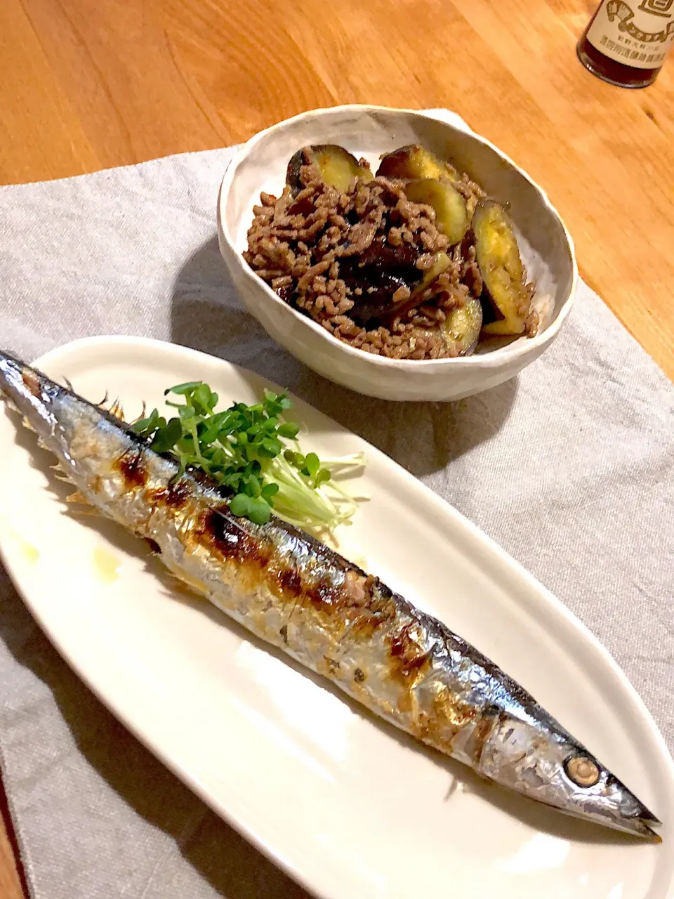 秋刀魚の塩焼き、ナスとひき肉のオイスター煮|harukaさん