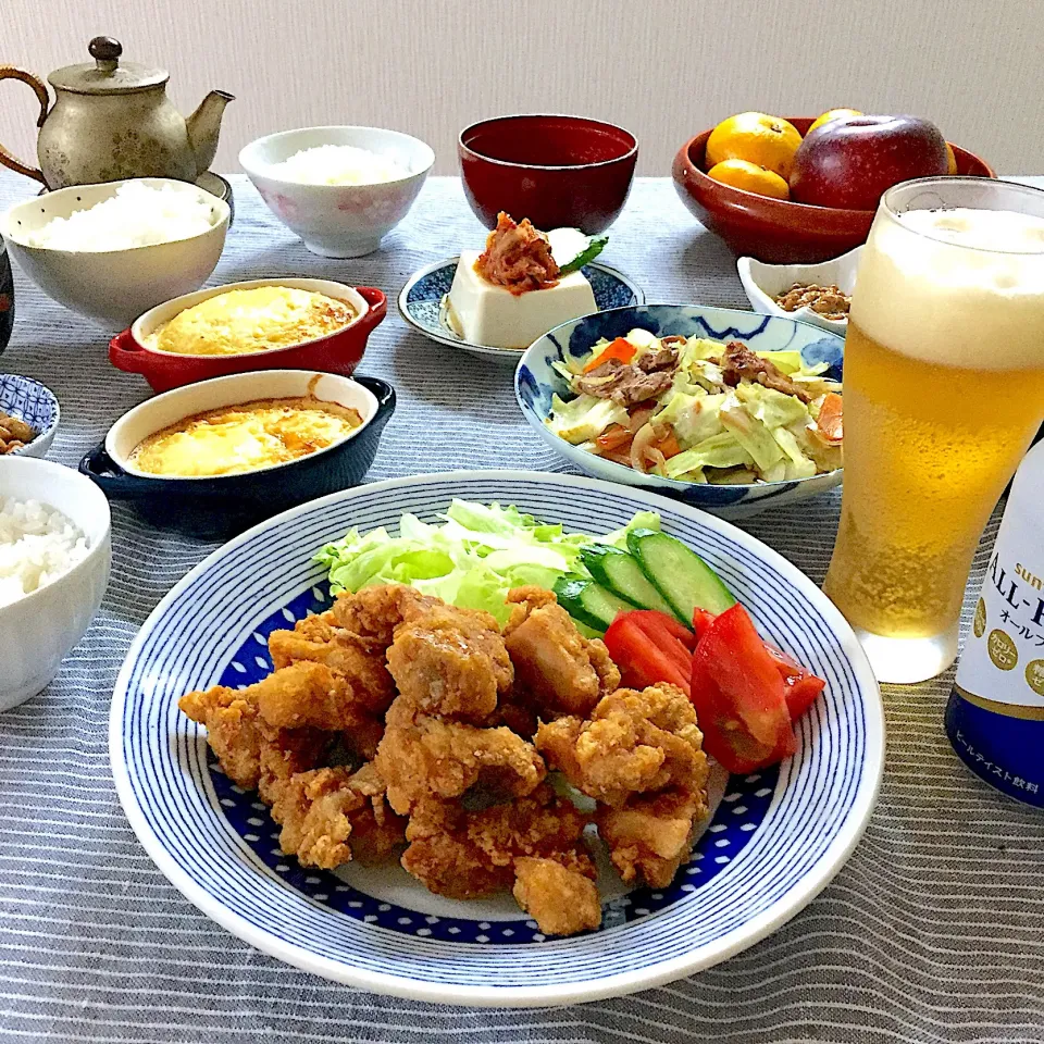 鳥唐揚げ、山芋と明太子のグラタン、肉野菜炒めの晩ご飯🍖|ゆかりさん