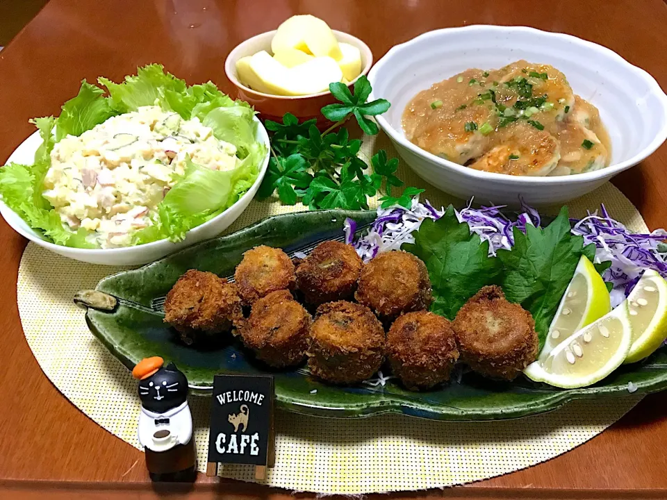 鰯の大葉と生姜の唐揚げ&鶏肉とレンコンのつみれのみぞれあんかけ&ポテトサラダ😋🎶|バシュランさん