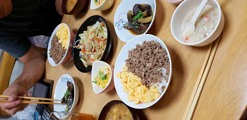 2色丼、茄子のピリ辛煮浸し、かぼちゃサラダ、野菜炒め|みーさん