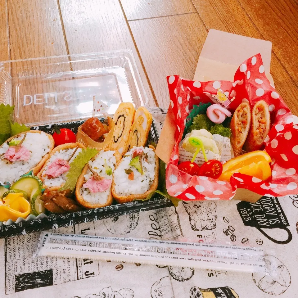 Snapdishの料理写真:旦那さんのお弁当〜カリカリ梅としその実のおいなりさん弁当|Harumiさん