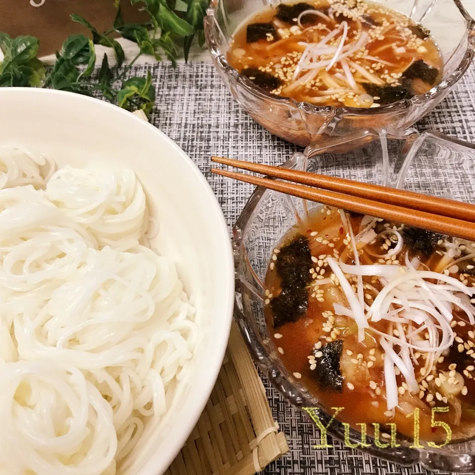 Snapdishの料理写真:8/7☆ﾟ絶品♡海苔とキムチのつけダレそうめん|ゆうさん