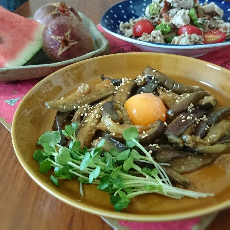 Snapdishの料理写真:祝誕生日♡茄子ナムル黄身絡め|まりおさん