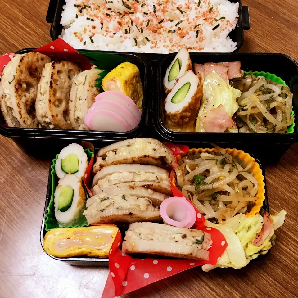 Snapdishの料理写真:中2 & 高3男子弁当♡312~蓮根挟み焼き|utaさん