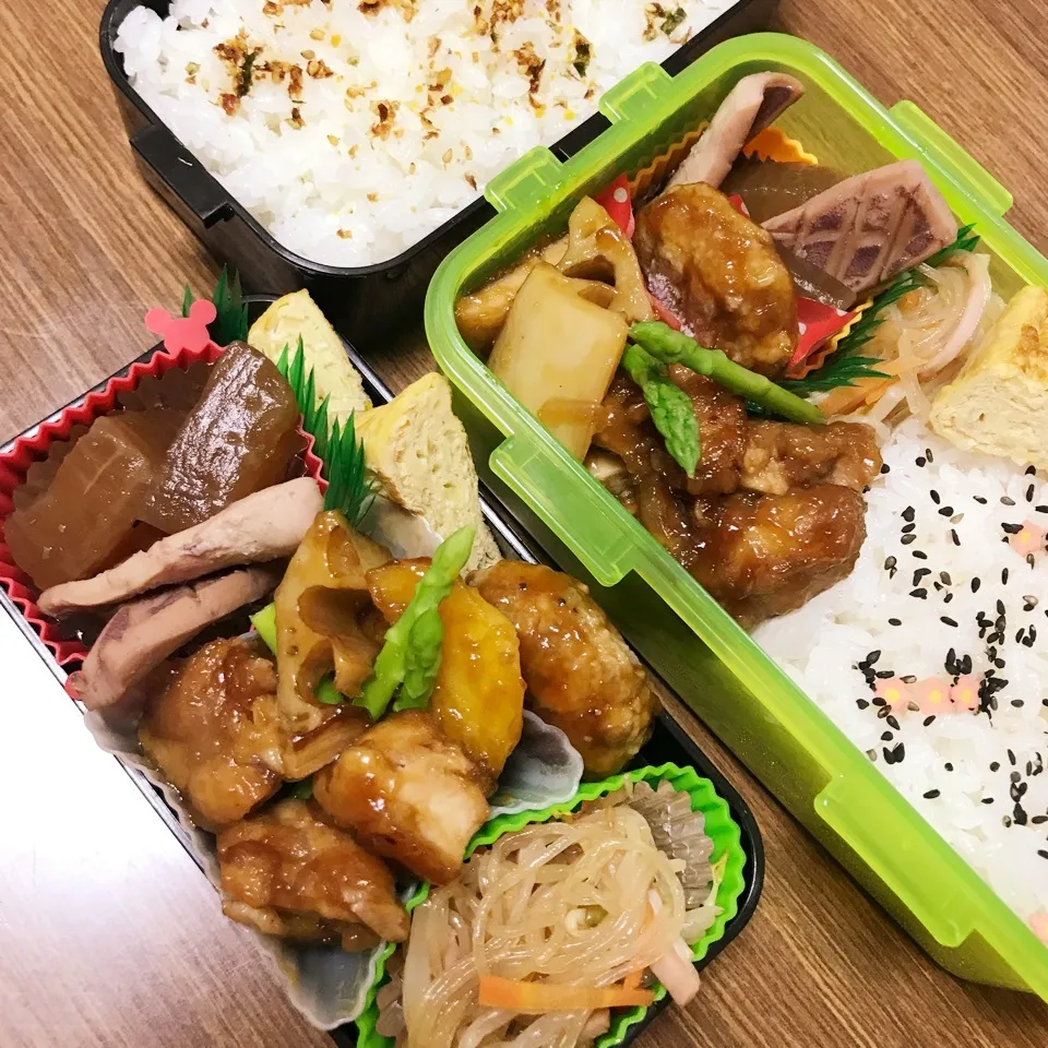 Snapdishの料理写真:中2 & 高3男子弁当♡297~鶏ジャガ蓮根甘辛炒め|utaさん