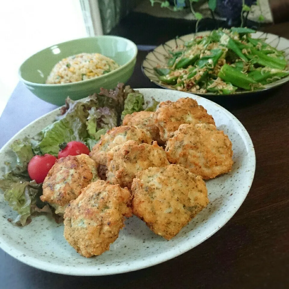 Snapdishの料理写真:からあげ君風のり塩チキン＆オクラじゃこペペロン炒め|まりおさん