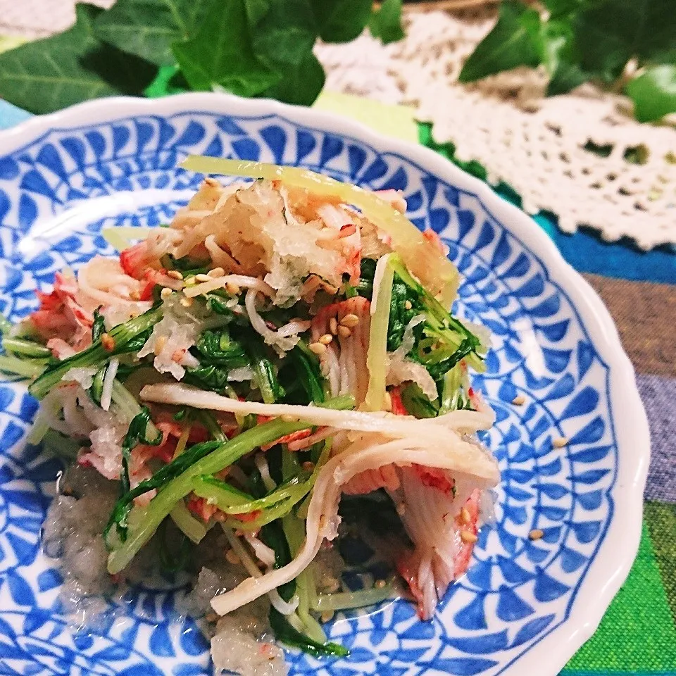 Snapdishの料理写真:からたんの☆レンジで簡単～水菜とカニカマのさっぱりおろし和え|とまと🍅さん