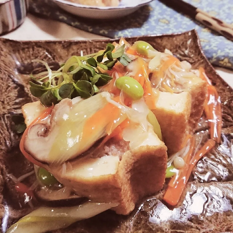 Snapdishの料理写真:厚揚げの肉詰め～野菜餡掛け♪|とまと🍅さん