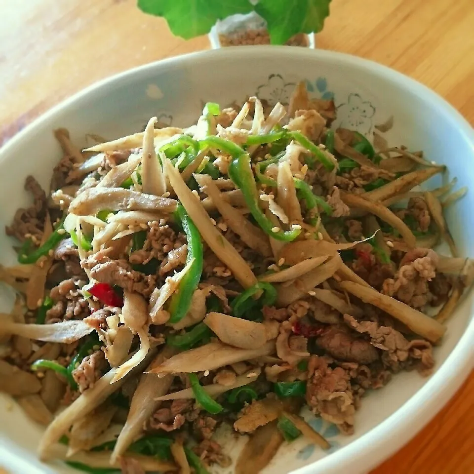 Snapdishの料理写真:牛肉とごぼうとピーマンの甘辛しぐれ煮～♪|とまと🍅さん