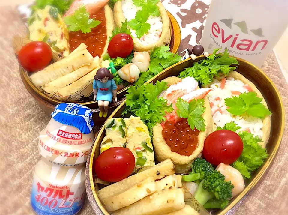 ふっくらお稲荷さん(ゴマ紅ショウガ・カニ🦀イクラ)&ビタミンカラーオープンオムレツ&エビ🦐とブロッコリー🥦の中華炒め&わさび菜&プチトマト🍅の夫婦お弁当♪

 #弁当  #フチ子  #新米 #お稲荷さん|桃実さん