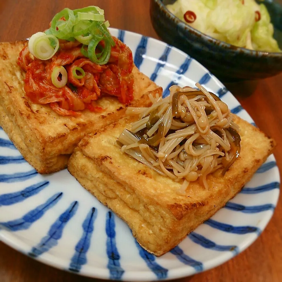 焼き厚揚げ なめたけ&ｷﾑﾁのっけ|まりおさん